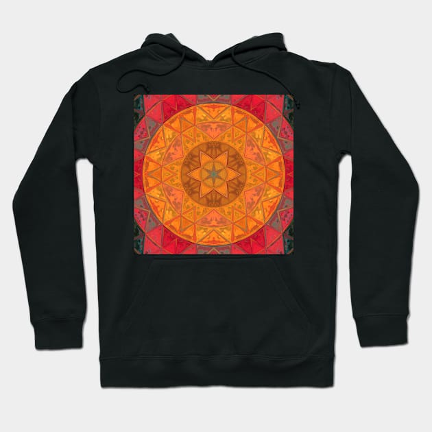 Mosaic Kaleidoscope Flower Orange Red and Black Hoodie by WormholeOrbital